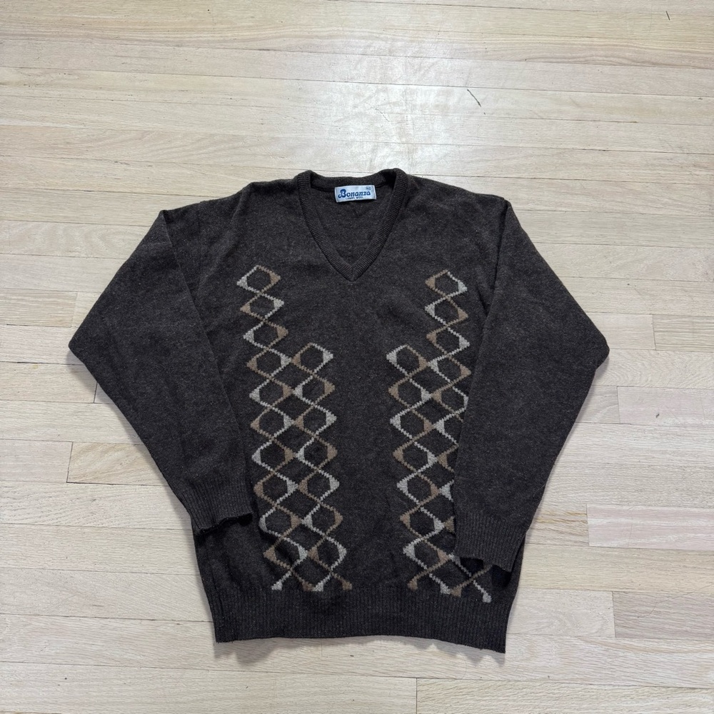 Brown Argyle 100% Wool V-Neck Sweater